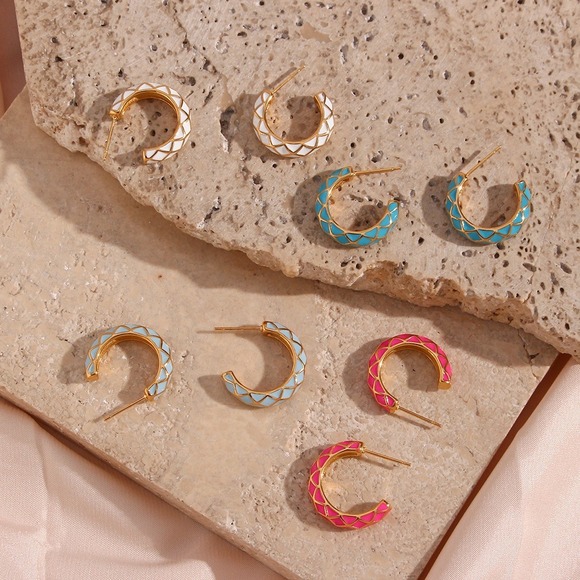 Hot Pink Enamel Geometric Pattern Hoop Earrings 18K Gold Plated Stainless Steel - Picture 7 of 7